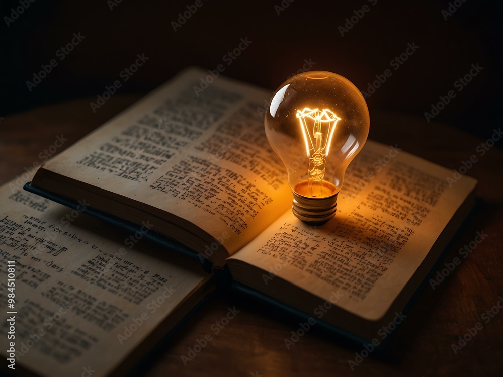Aufkleber glowing light bulb on an open book symbolizing knowledge and creativity.