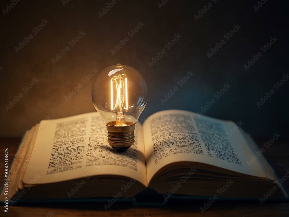 Poster glowing light bulb on an open book symbolizing knowledge and creativity.
