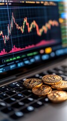 A close-up of golden coins on a laptop, illustrating cryptocurrency trading with a vibrant price chart in the background.