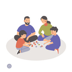 Vector illustration of a family playing a board game together in a cozy indoor setting