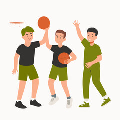Obraz premium Vector illustration of three boys playing basketball together in an energetic outdoor setting