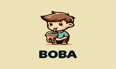 Cartoon boy enjoying boba tea; perfect for bubble tea shops, kidfriendly designs, vektor, baground, logo, beverage concepts, childrens menus, food blogs