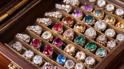 An antique jewelry box filled with sparkling gemstones, including diamonds, rubies, and sapphires.