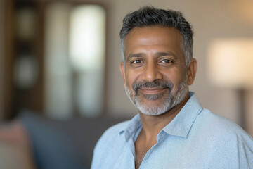 Obraz premium Photo of a handsome 50-year-old Indian man wearing a light shirt. It's in the living room. Advertising banner.