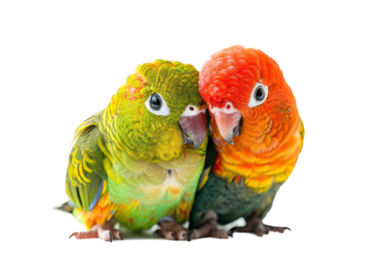 Two colorful conures cuddling together against a white background, showcasing their vibrant feathers and affectionate behavior on transparent background