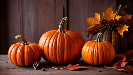 Fall Harvest with Ripe Pumpkins and Seasonal Decor: A cozy arrangement of bright orange pumpkins that symbolizes the festive spirit of Halloween and Thanksgiving day