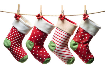 Hanging christmas stockings with patterns and colors on rope