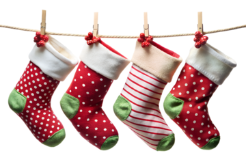 Hanging christmas stockings with patterns and colors on rope
