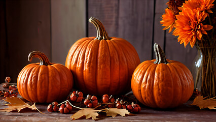 Fall Harvest with Ripe Pumpkins and Seasonal Decor: A cozy arrangement of bright orange pumpkins that symbolizes the festive spirit of Halloween and Thanksgiving day