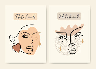 Fototapeta premium Childish school notebook cover design templates. Diary cover page design woman face illustration