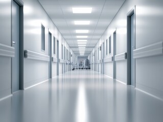 Fototapeta premium A clean, modern hospital corridor with white walls and bright lighting, creating a sterile environment for patient care.