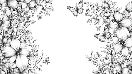   A picture of many flowers with butterflies flying in front of a white background and a black-and-white border