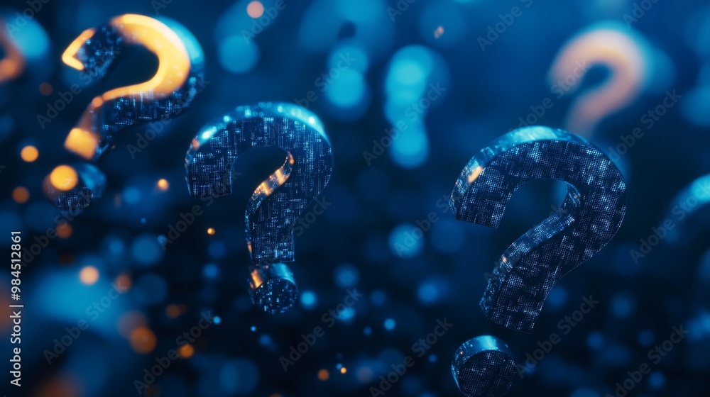 Poster this abstract visual symbolizes thought and inquiry, showcasing question marks on a tech backdrop, e