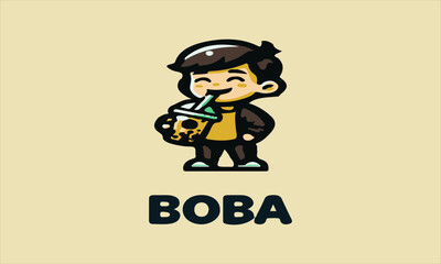 Cartoon boy enjoying boba tea; perfect for bubble tea shops, kidfriendly designs, vektor, baground, logo, beverage concepts, childrens menus, food blogs