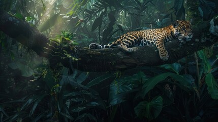 Naklejka premium Jaguar Resting on a Branch in Lush Rainforest