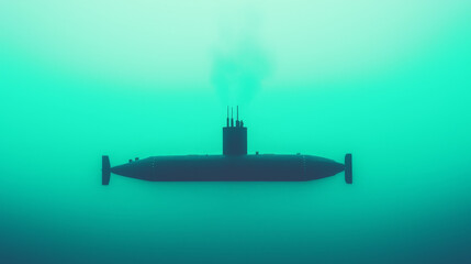 A submarine silhouette against a vibrant turquoise background.