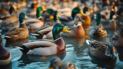 An image of a large group of ducks of various breeds and sizes swimming on a lake with shimmering water