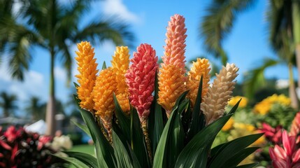 Fototapeta premium Colorful ginger flowers used in a tropical flower arrangement for an outdoor event, with palm trees in the background.