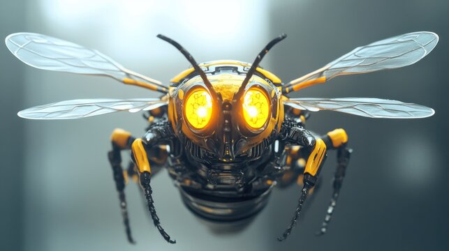 Front view of a bee robot in flight, antennae glowing and wings beating rapidly.