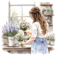 Woman Arranging Flowers by Window in Watercolor Style.