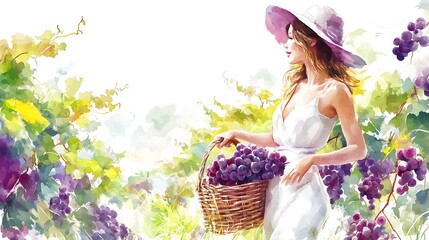 Fototapeta premium Woman in a White Dress Picking Grapes in a Vineyard.
