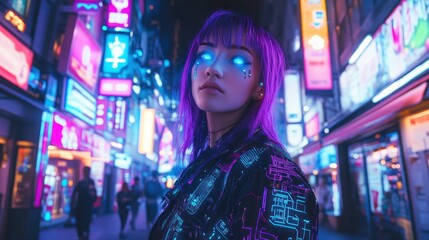 Obraz premium A neon-lit urban scene featuring a person with vibrant hair and glowing eyes.