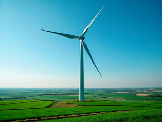 Wind turbine majestically standing in the green fields under a clear blue sky, exemplifying the harnessing of renewable energy resources in harmony with the natural environment