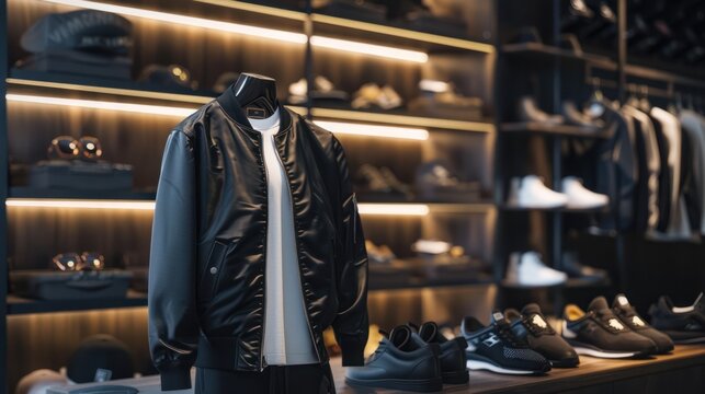 Black Bomber Jacket and Sneakers in a Trendy Store