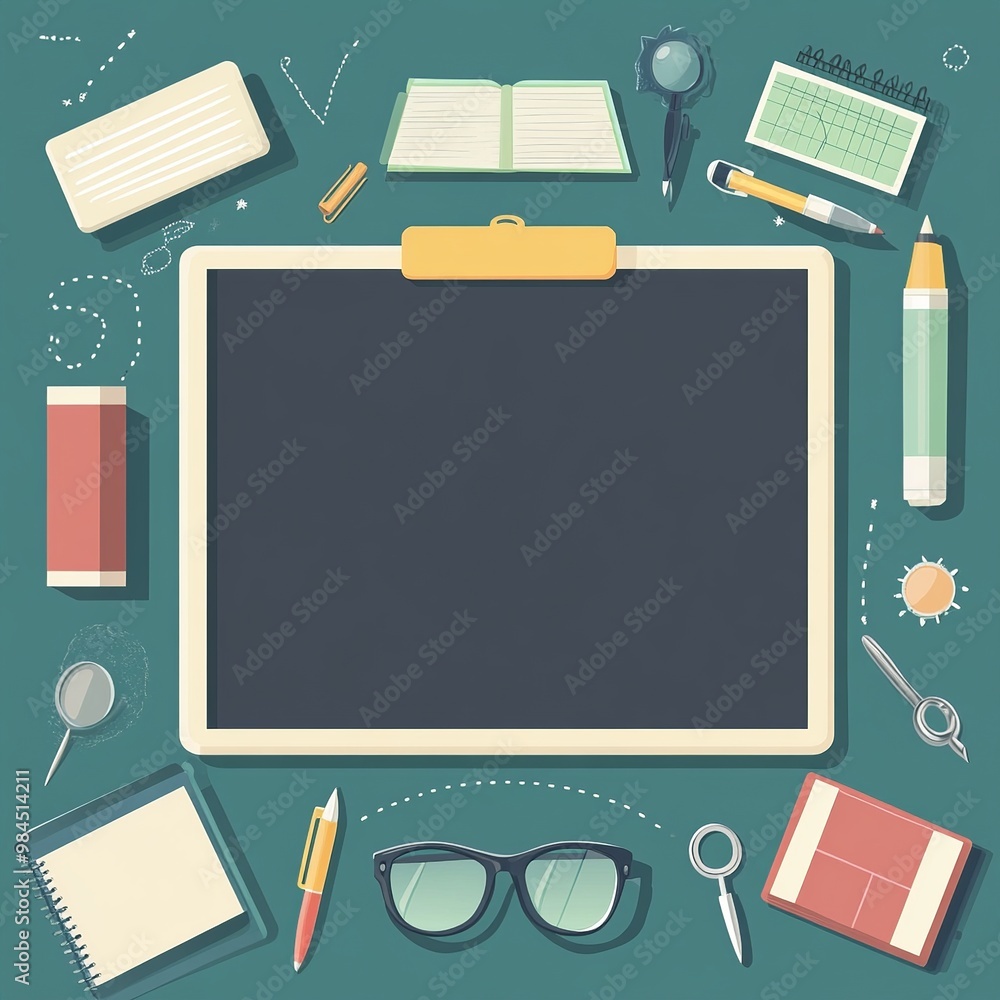 Poster a vibrant vector background with school-themed elements such as books, pencils, rulers, and notebook