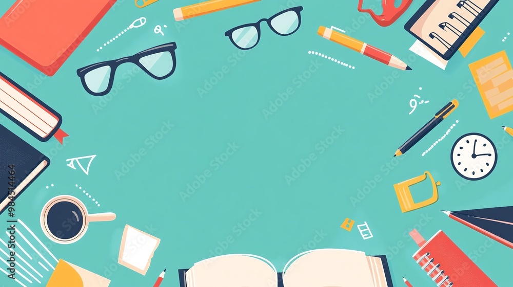 Poster a vibrant vector background with school-themed elements such as books, pencils, rulers, and notebook