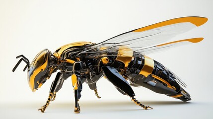 Side view of a bee robot hovering, showing its sleek design and folded metallic wings.