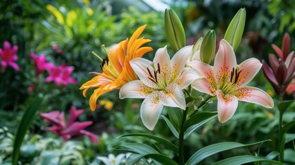 Naklejka premium Lilies in a botanical garden, surrounded by other vibrant flowers and greenery.
