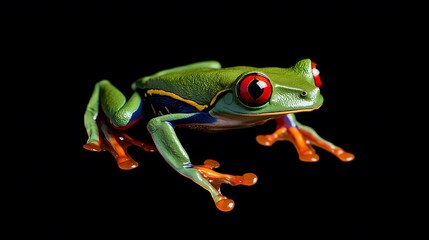 Fototapeta premium Green Tree Frog on Black Background, Photo Realistic, Texture, Pattern Background, Wallpaper, Cover and Screen for Smartphone, PC, Laptop, 9:16 and 16:9 Format