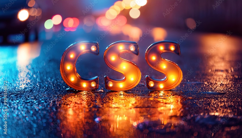 Poster illuminated css letters on wet street