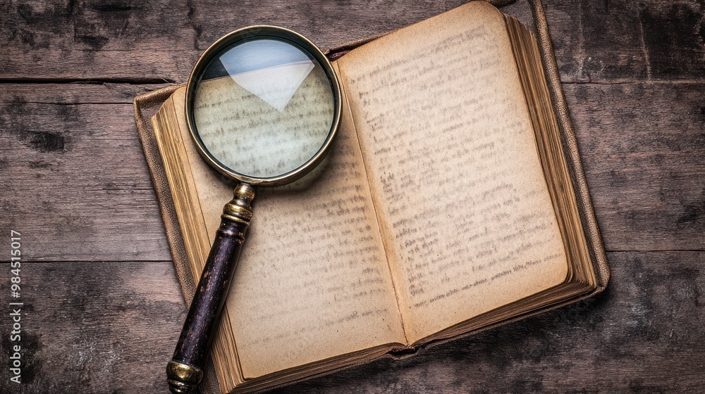 Poster an open book with handwritten notes and a magnifying glass resting on its pages.