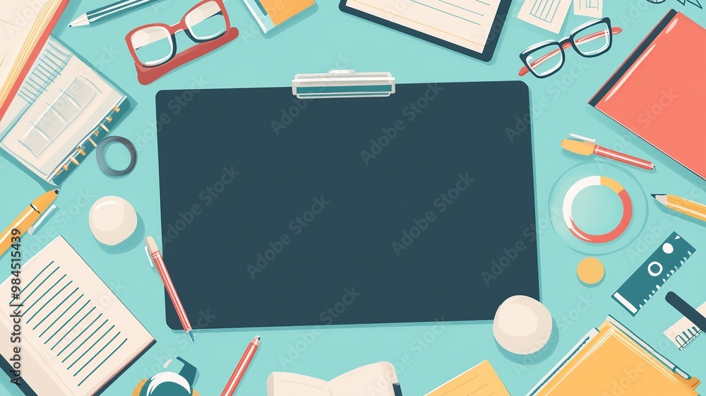 Poster a vibrant vector background with school-themed elements such as books, pencils, rulers, and notebook