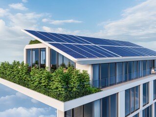 Fototapeta premium A modern building featuring a green rooftop garden and solar panels, showcasing sustainable architecture in an urban landscape.