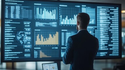 Fototapeta premium A businessman analyzes data on a digital screen displaying graphs and statistics in a modern office environment.