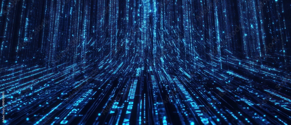 Poster a digital representation of flowing data streams in a futuristic environment.