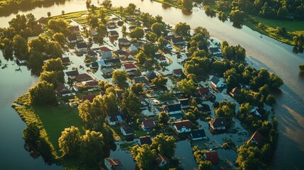 Flood Resilience, a vivid portrayal of river ecosystems impacted by flooding, highlighting community efforts in adapting to and preparing for environmental challenges
