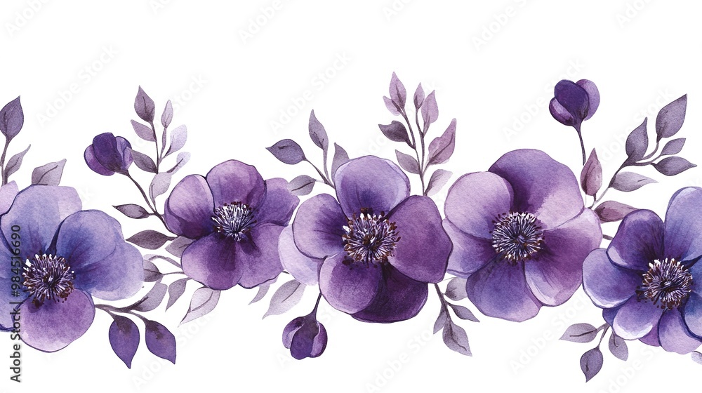 Sticker White background with isolated purple watercolor flowers creating a seamless border.