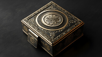 A vintage ornate jewelry box with intricate metalwork details, featuring a floral design and a hinged lid.