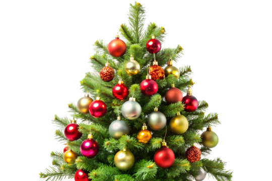 Close-up of decorated christmas tree with ornaments on transparent background