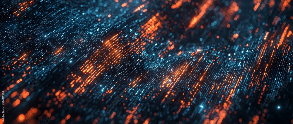Poster on a dark background, glowing orange lines and data make up an abstract digital interface.