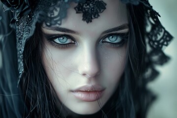Mysterious woman with dark hair and lace veil