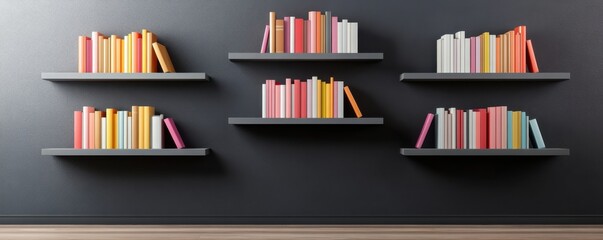 A modern bookshelf arrangement showcasing colorful books on sleek shelves against a dark wall, perfect for home or office decor.