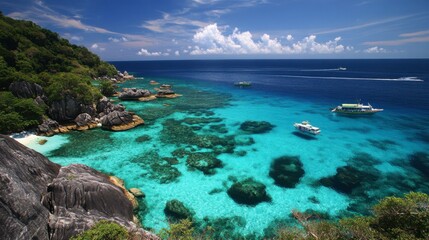 The mesmerizing cliffs and emerald waters of Similan Islands National Park, popular for diving and snorkeling.