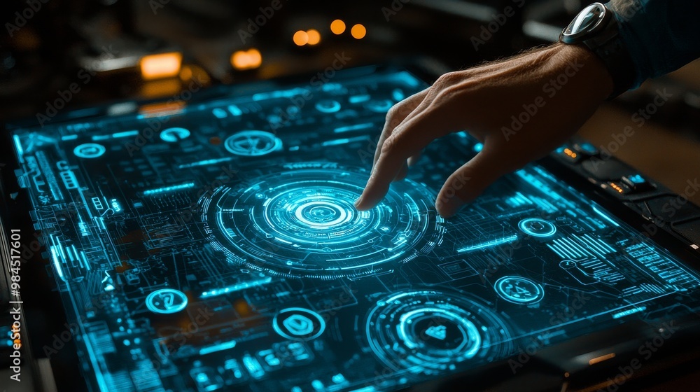 Poster an interactive interface on a tablet allows users to touch glowing blue buttons with their hands.