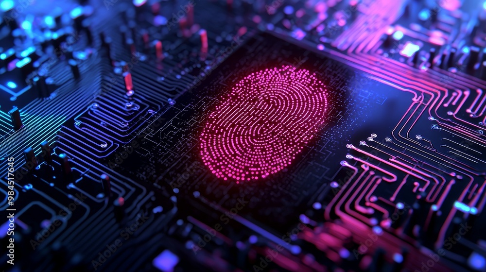 Poster close-up of a virtual lock icon on a digital interface with a fingerprint scanner