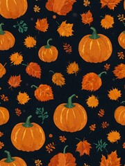 Halloween illustration with pumpkins and autumn leaves.